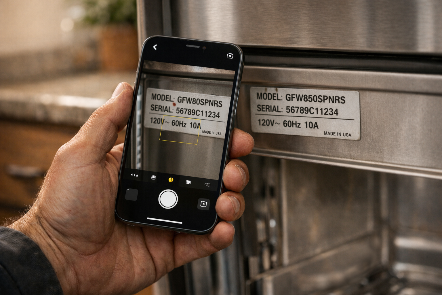 MyPros+ reading a model number from an appliance rating plate using camera OCR